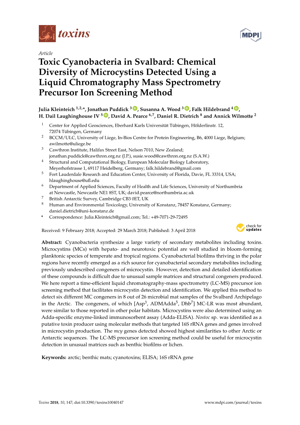 Chemical Diversity of Microcystins Detected Using a Liquid Chromatography Mass Spectrometry Precursor Ion Screening Method