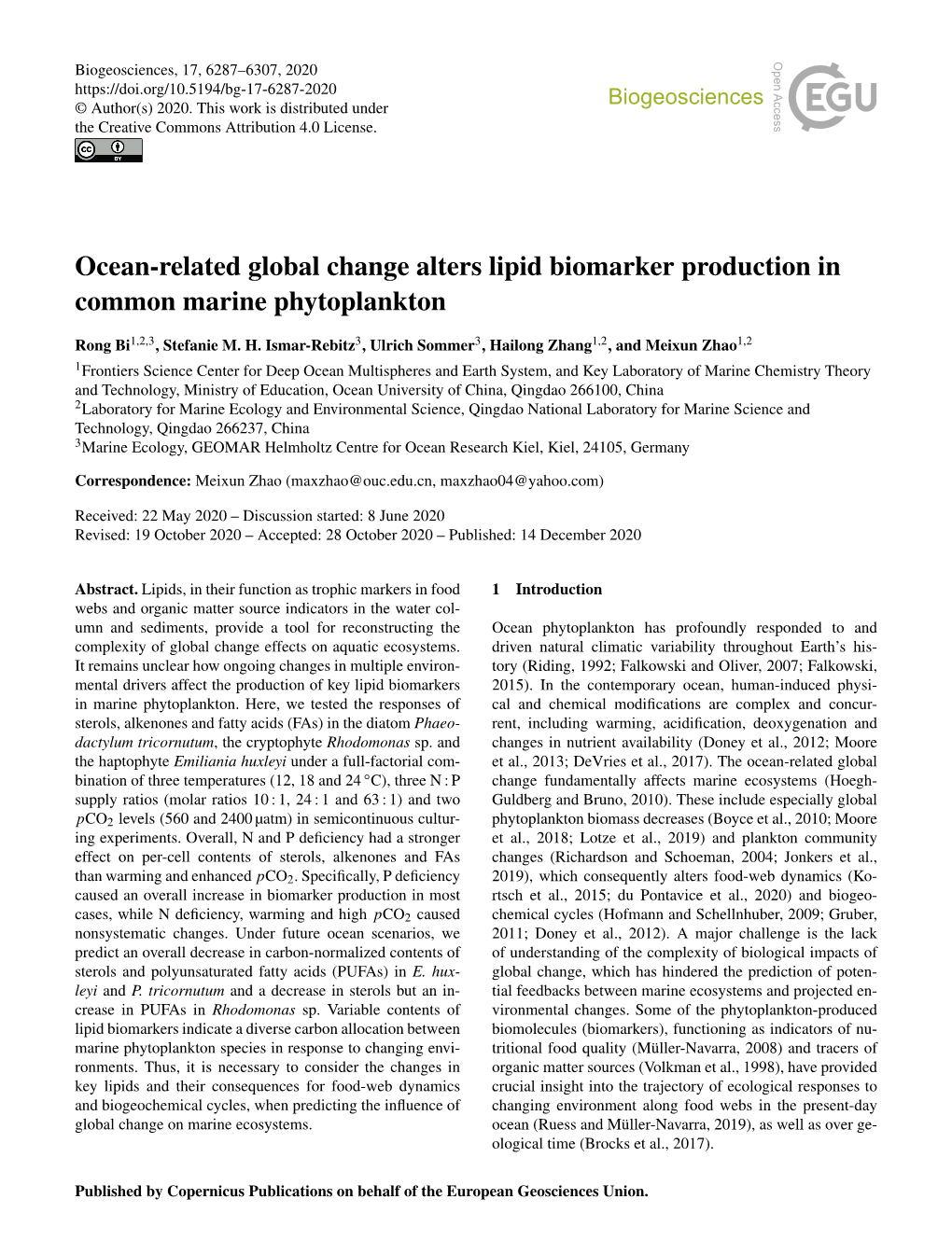 Ocean-Related Global Change Alters Lipid Biomarker Production in Common Marine Phytoplankton