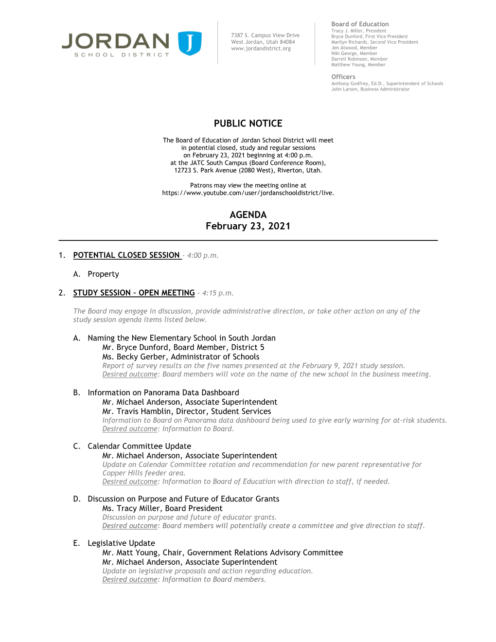 PUBLIC NOTICE AGENDA February 23, 2021