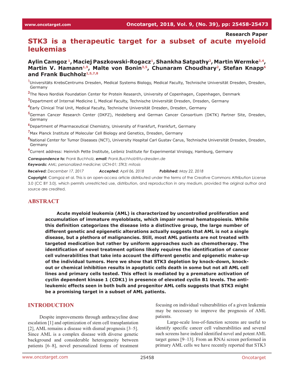 STK3 Is a Therapeutic Target for a Subset of Acute Myeloid Leukemias