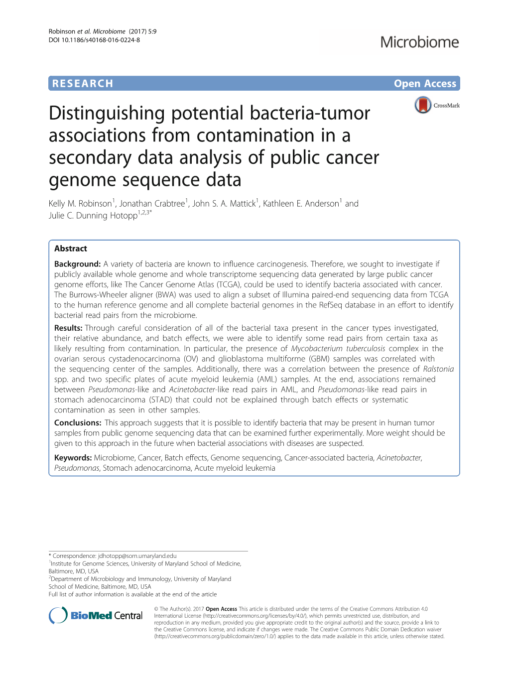 Distinguishing Potential Bacteria-Tumor Associations from Contamination in a Secondary Data Analysis of Public Cancer Genome Sequence Data Kelly M