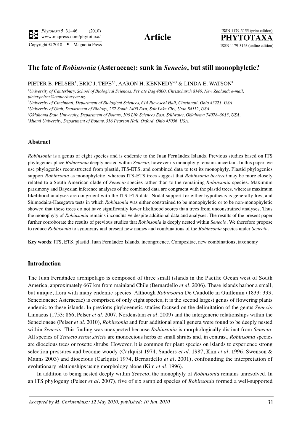 Phytotaxa 5: 31–46 (2010) the Fate of Robinsonia (Asteraceae)