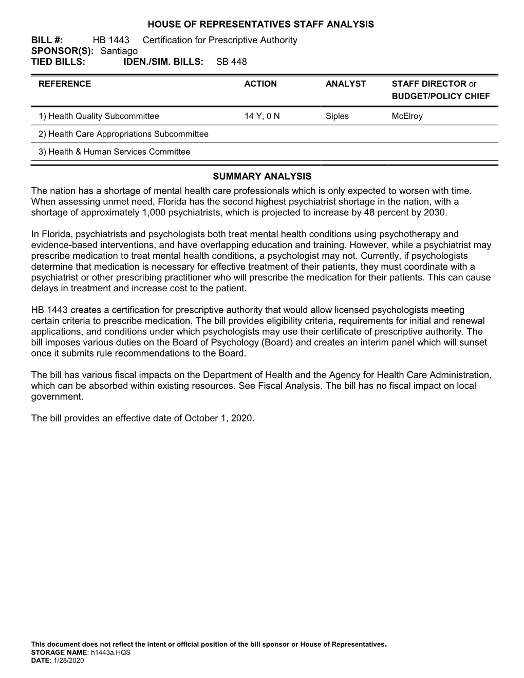 HB 1443 Certification for Prescriptive Authority SPONSOR(S): Santiago TIED BILLS: IDEN./SIM