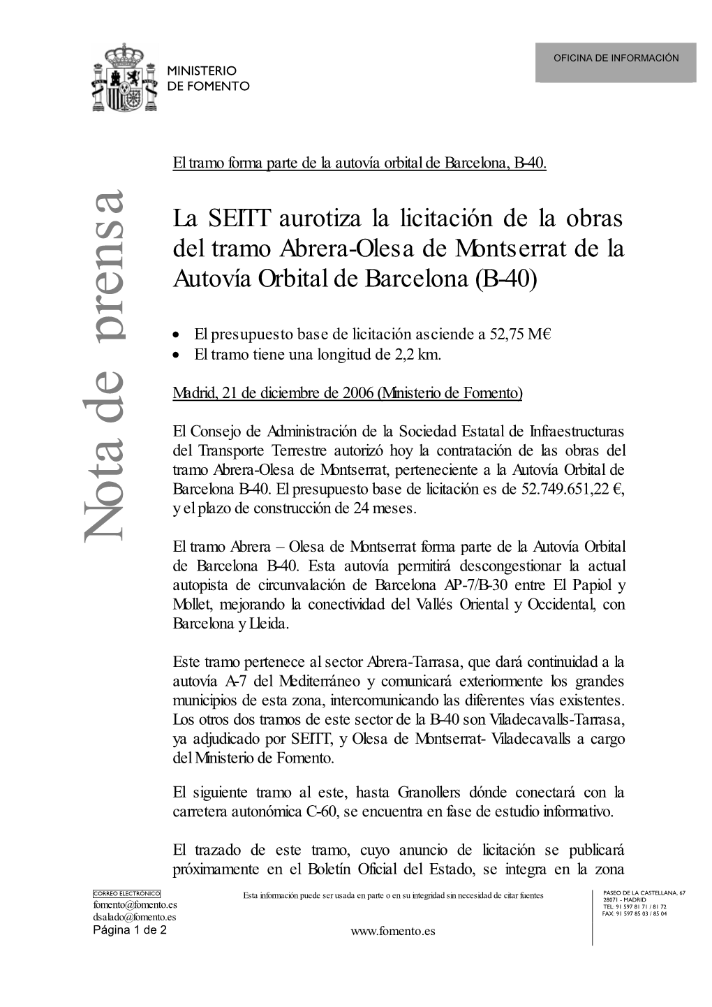 La SEITT Aurotiza La Licitación De La Obras Del Tramo Abrera-Olesa De Montserrat De La Autovía Orbital De Barcelona (B-40)