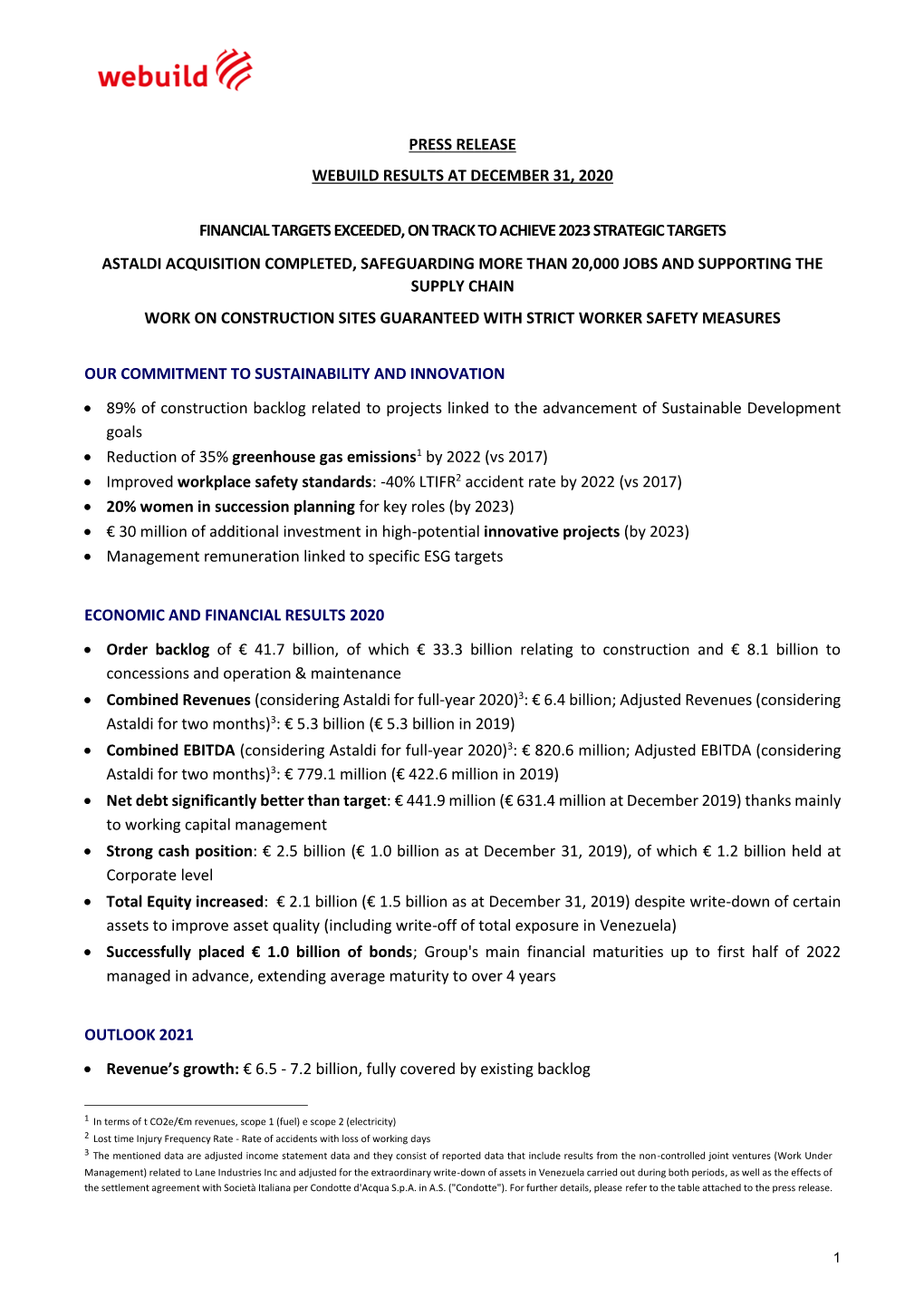 Press Release Webuild Results at December 31, 2020