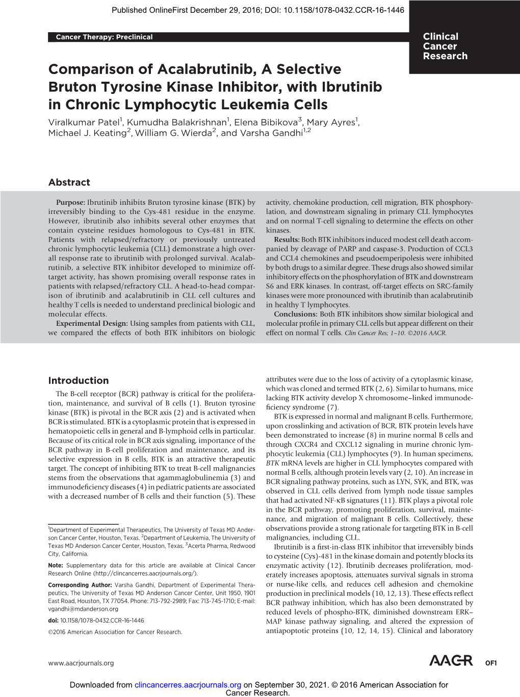 Comparison of Acalabrutinib, a Selective Bruton Tyrosine Kinase Inhibitor, with Ibrutinib in Chronic Lymphocytic Leukemia Cells