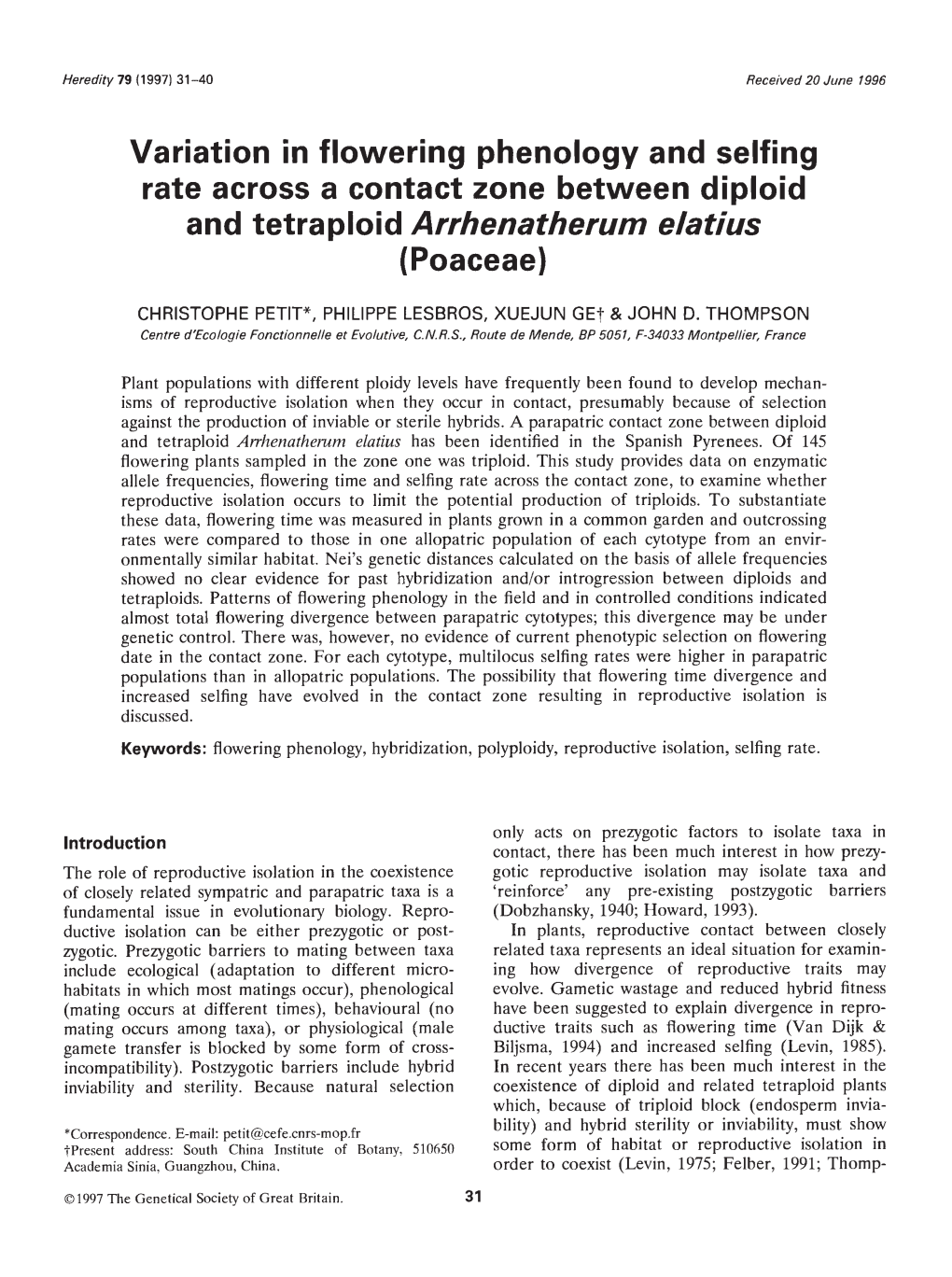 Variation in Flowering Phenology and Selfing Rate Across a Contact Zone Between Diploid and Tetraploid Arrhenatherum Elatius (Poaceae)