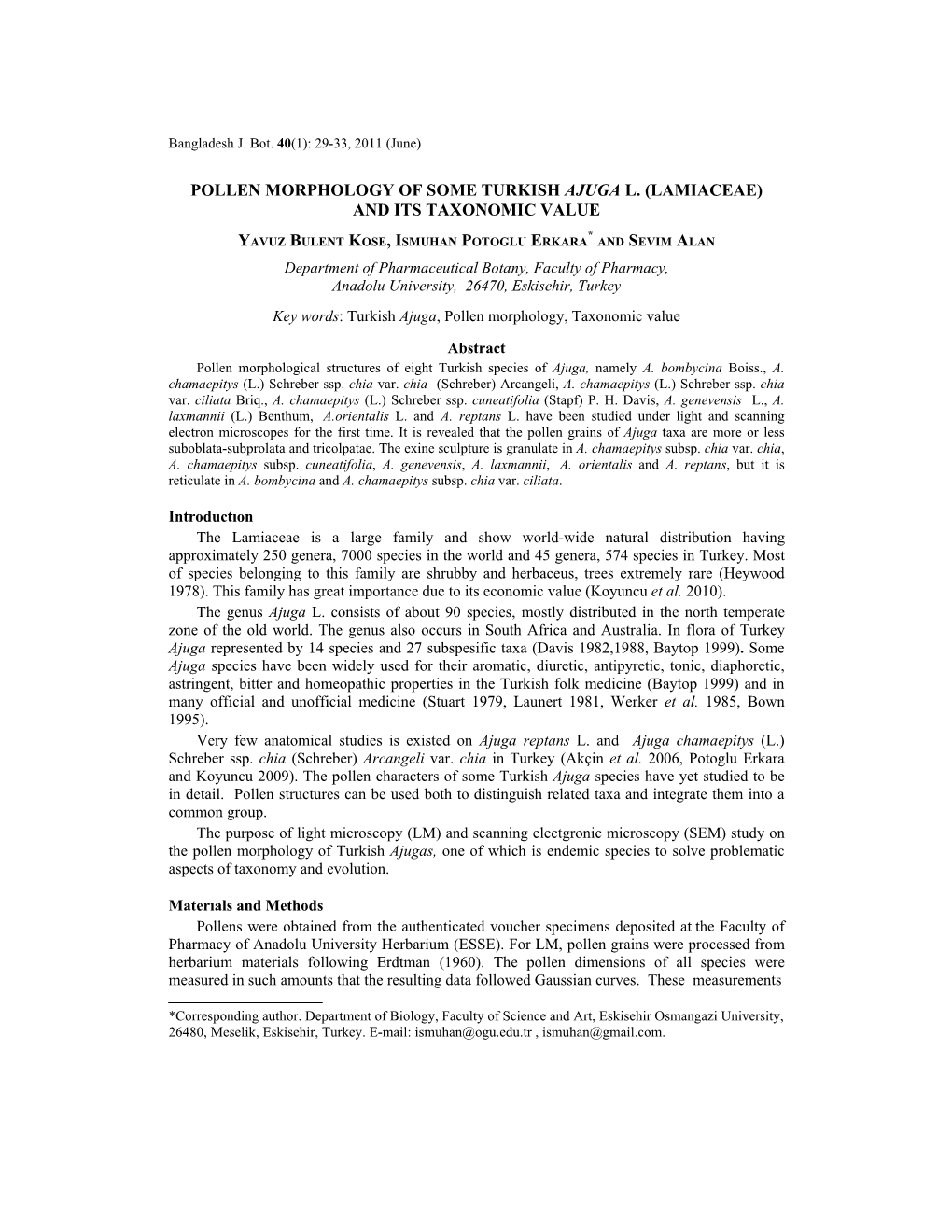 Pollen Morphology of Some Turkish Ajuga L. (Lamiaceae) and Its Taxonomic Value