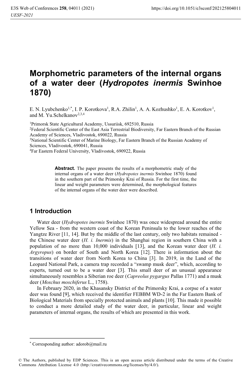 Morphometric Parameters of the Internal Organs of a Water Deer (Hydropotes Inermis Swinhoe 1870)