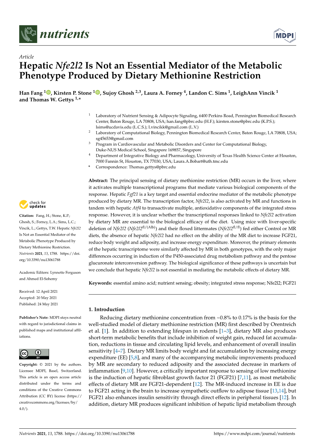 Hepatic Nfe2l2 Is Not an Essential Mediator of the Metabolic Phenotype Produced by Dietary Methionine Restriction