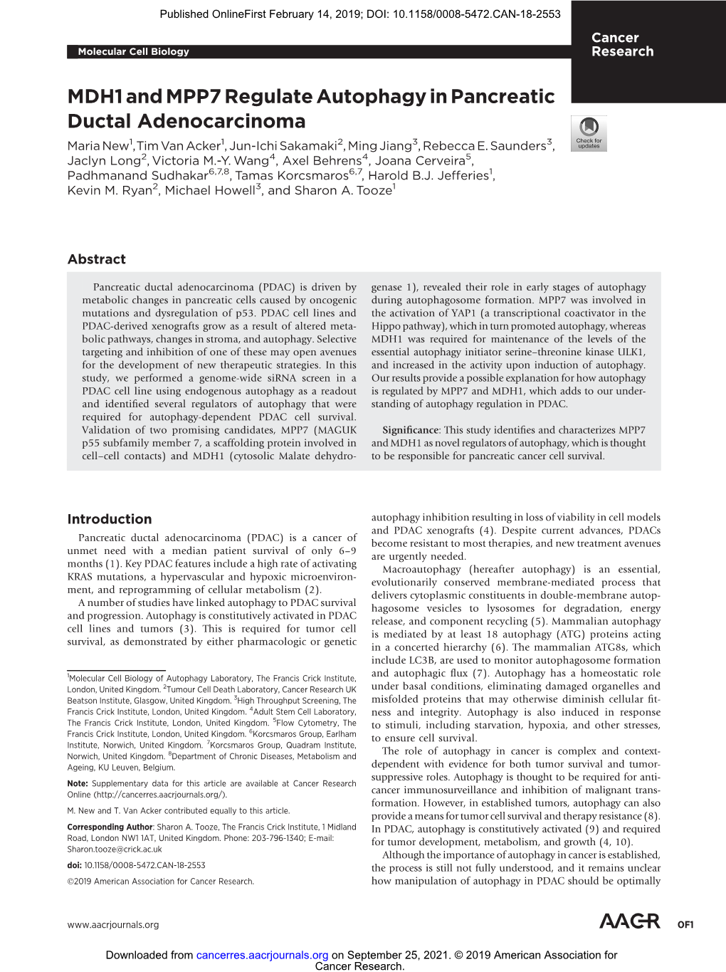 MDH1 and MPP7 Regulate Autophagy in Pancreatic Ductal Adenocarcinoma Maria New1,Tim Van Acker1, Jun-Ichi Sakamaki2, Ming Jiang3, Rebecca E