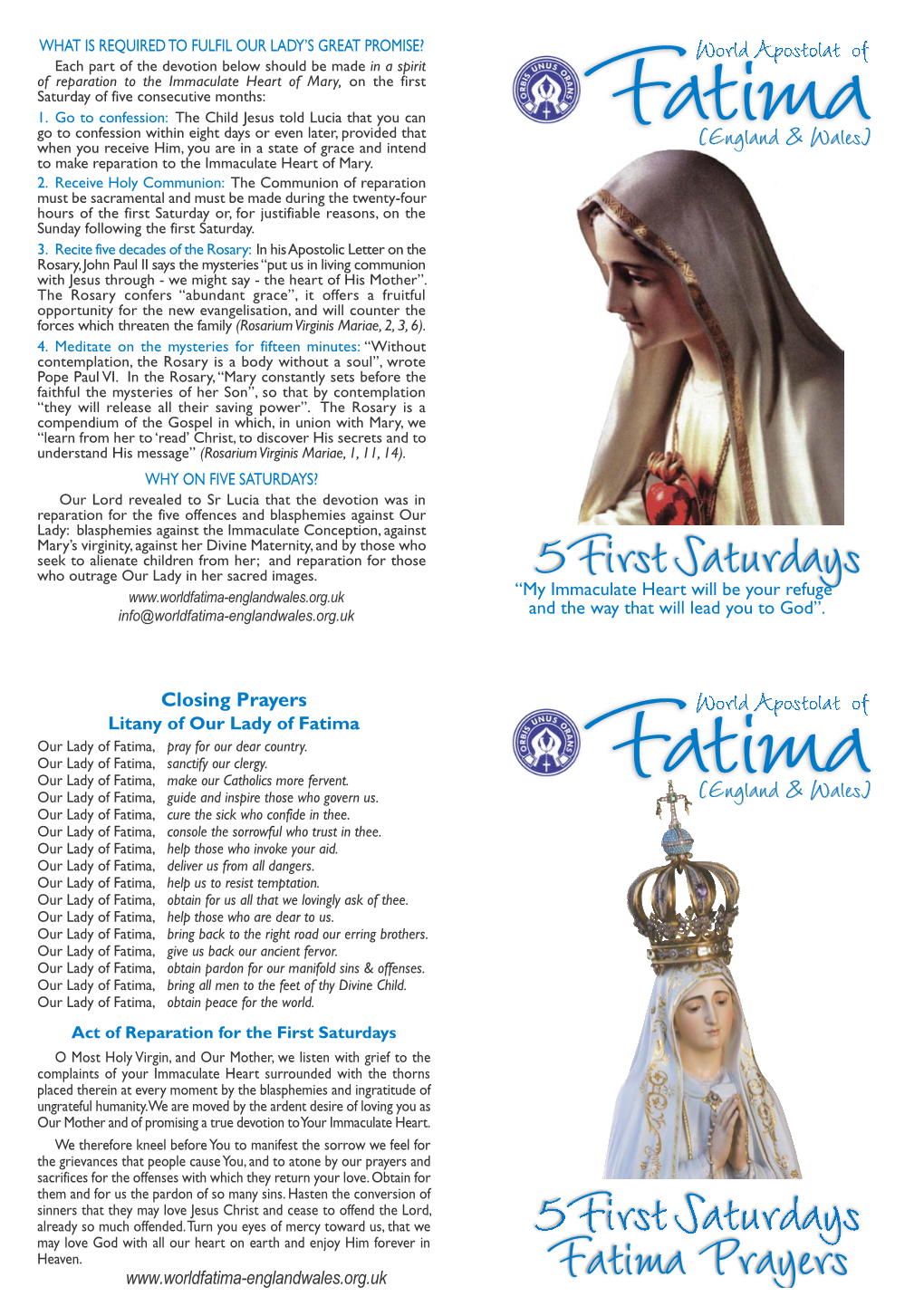 First Saturdays Information and Prayer Leaflets