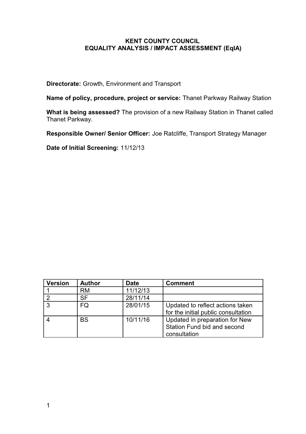 EQUALITY ANALYSIS / IMPACT ASSESSMENT (Eqia)