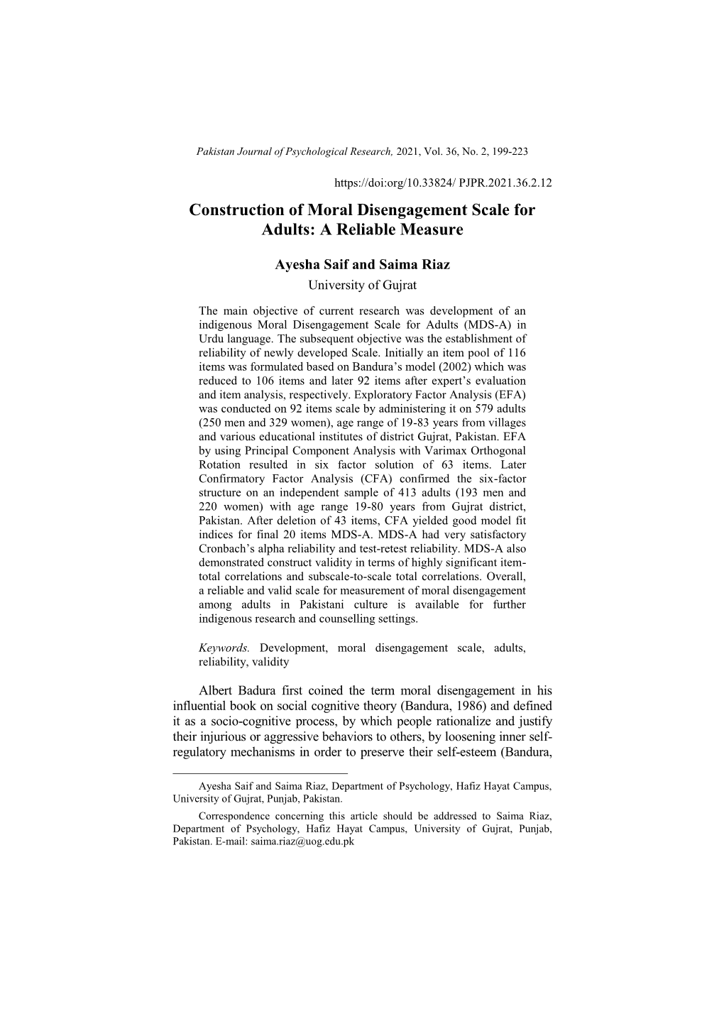 Construction of Moral Disengagement Scale for Adults: a Reliable Measure