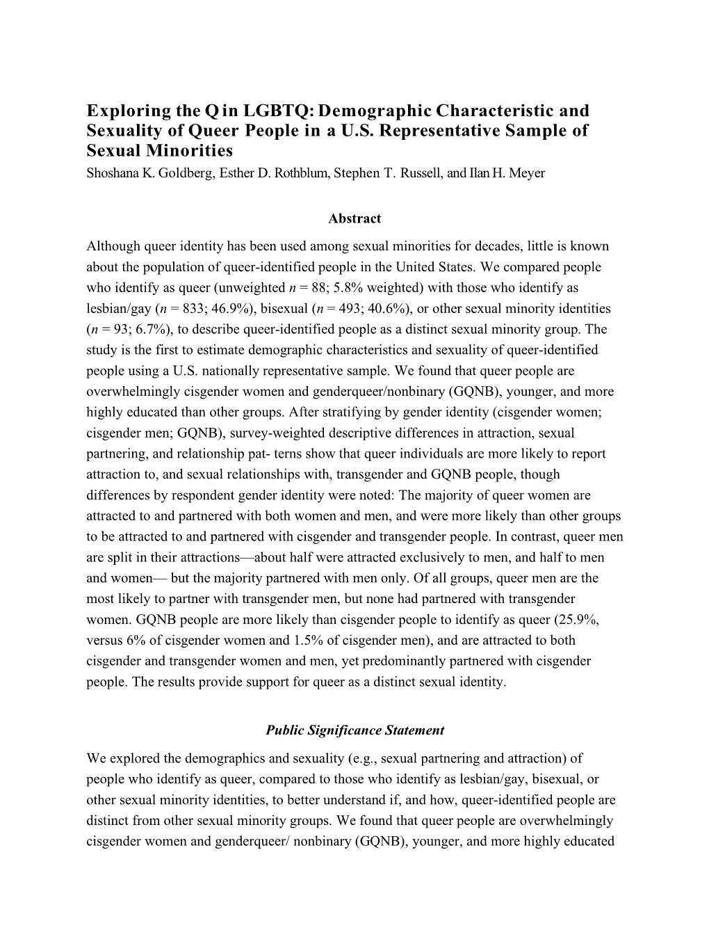 Exploring the Q in LGBTQ: Demographic Characteristic and Sexuality of Queer People in a U.S. Representative Sample of Sexual Minorities Shoshana K