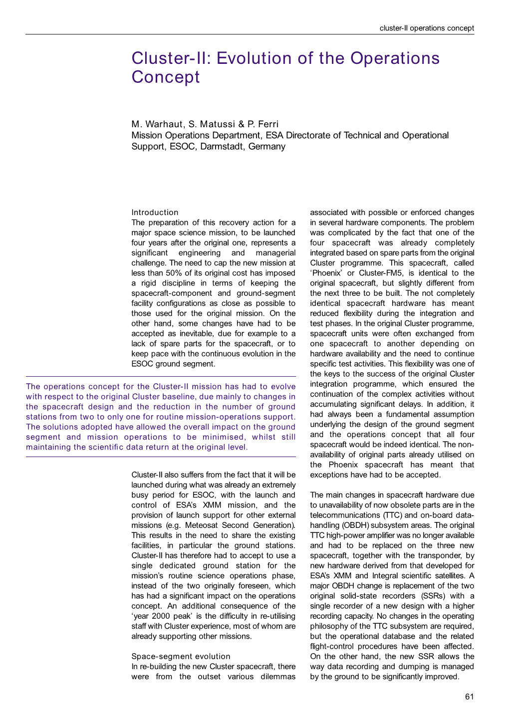 Cluster-II: Evolution of the Operations Concept