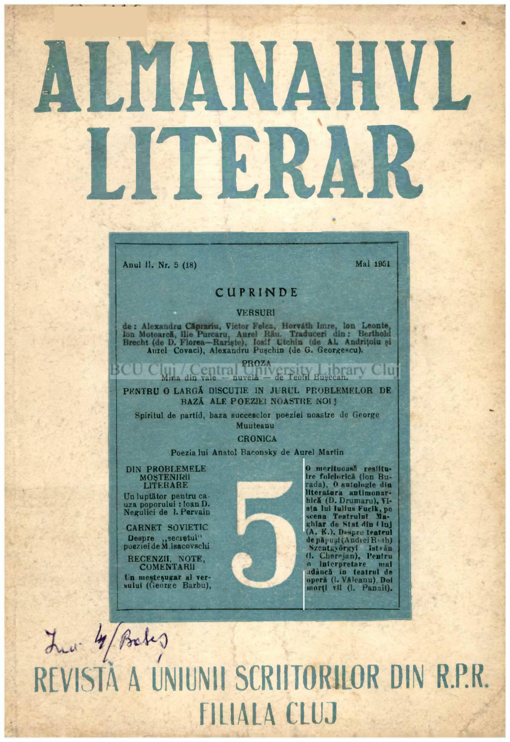 Revista a Uniunii Scriitorilor Din R.P.R Filiala Cluj Almanahul Literar Reyistă Lunară De Cultură