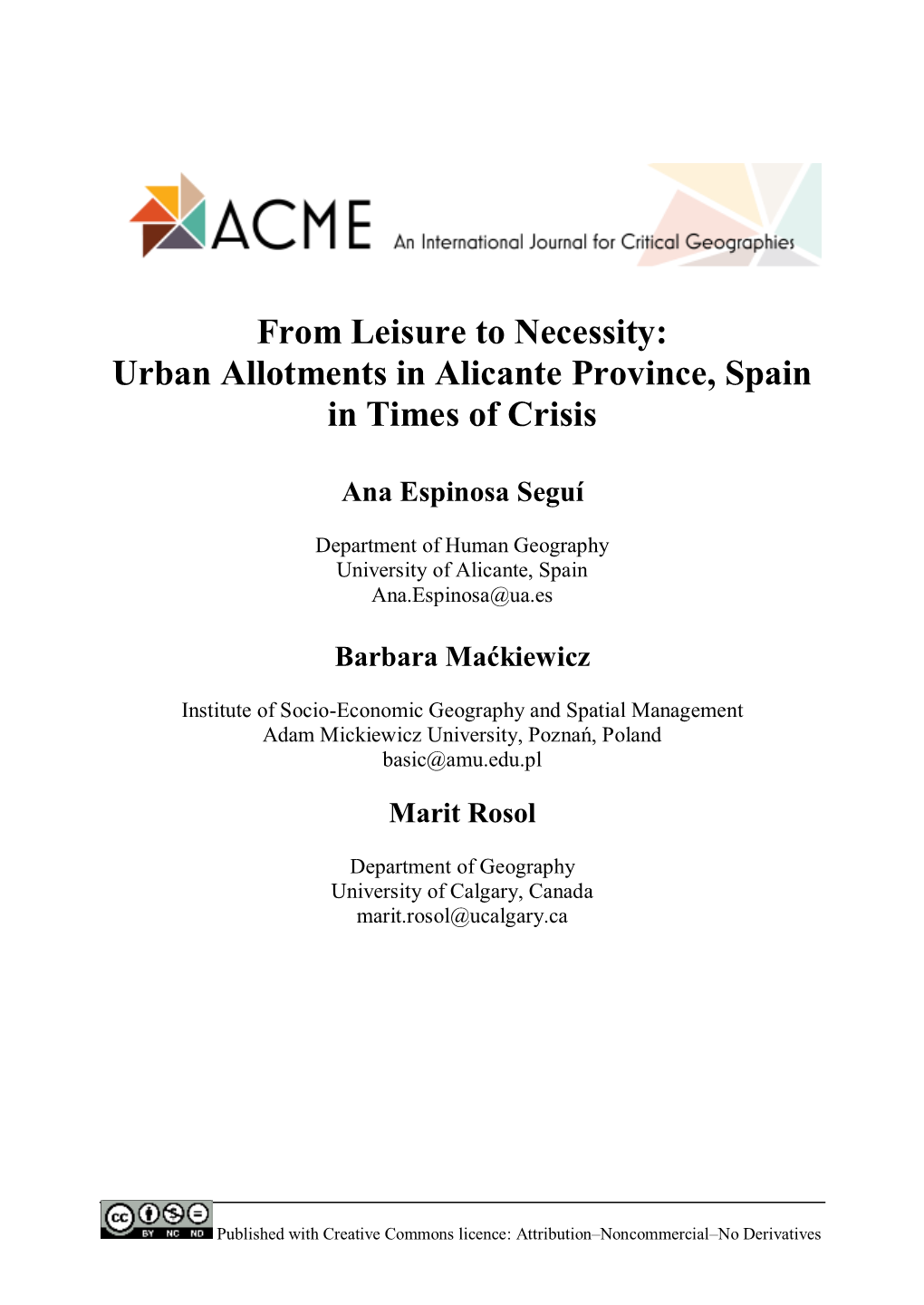 From Leisure to Necessity: Urban Allotments in Alicante Province, Spain in Times of Crisis