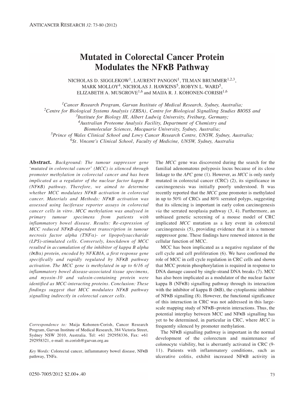 Mutated in Colorectal Cancer Protein Modulates the Nfκb Pathway