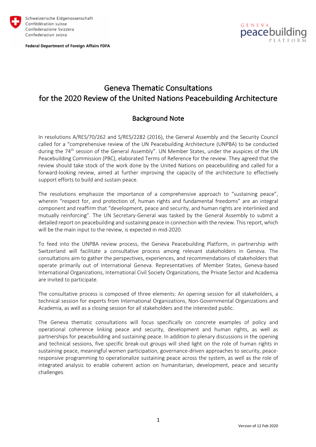 Geneva Thematic Consultations for the 2020 Review of the United Nations Peacebuilding Architecture