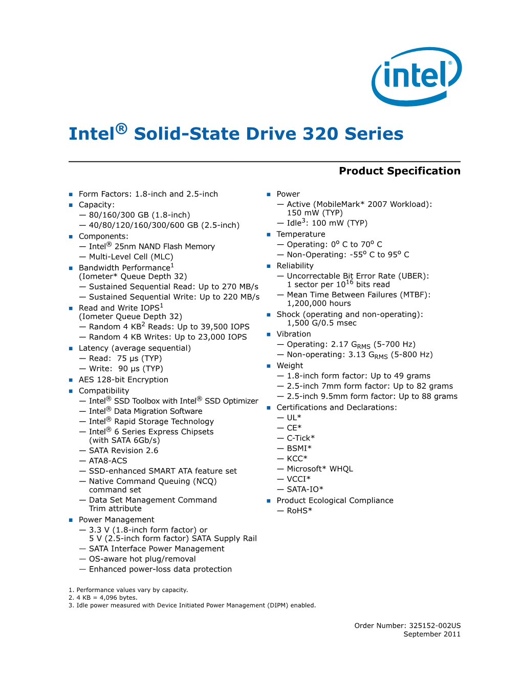 Intel Solid-State Drive 320 Series Product Specification
