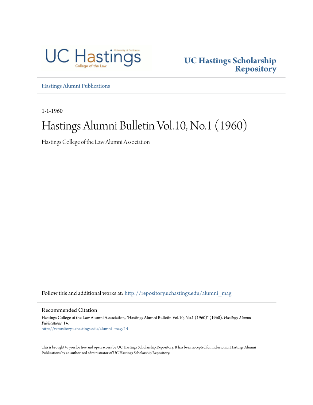 Hastings Alumni Bulletin Vol.10, No.1 (1960) Hastings College of the Law Alumni Association