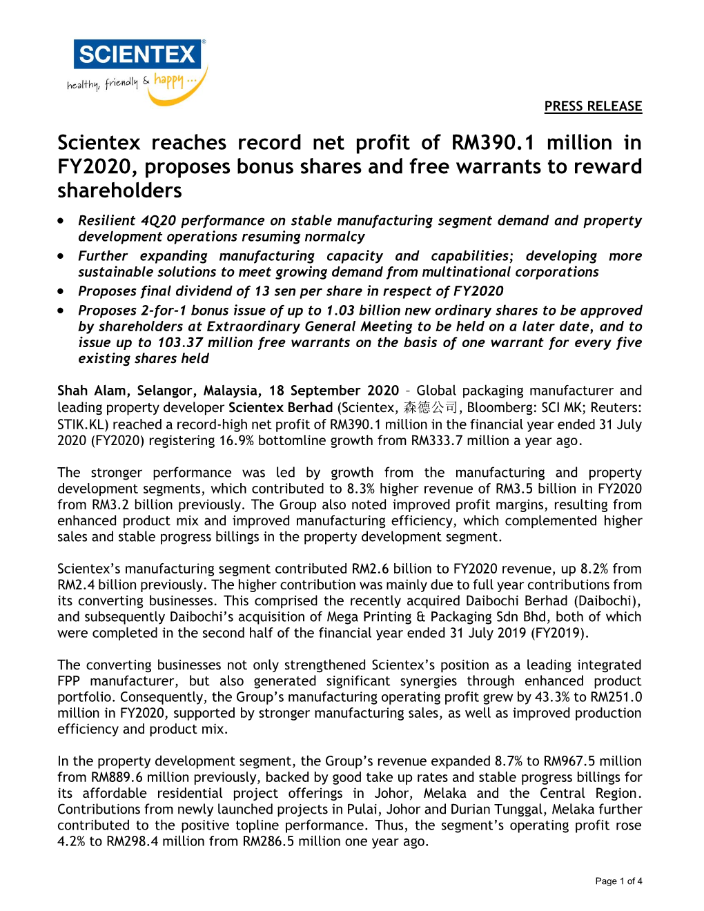 Scientex Reaches Record Net Profit of RM390.1 Million