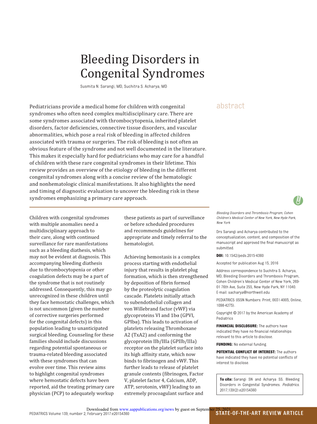 Bleeding Disorders in Congenital Syndromes Susmita N