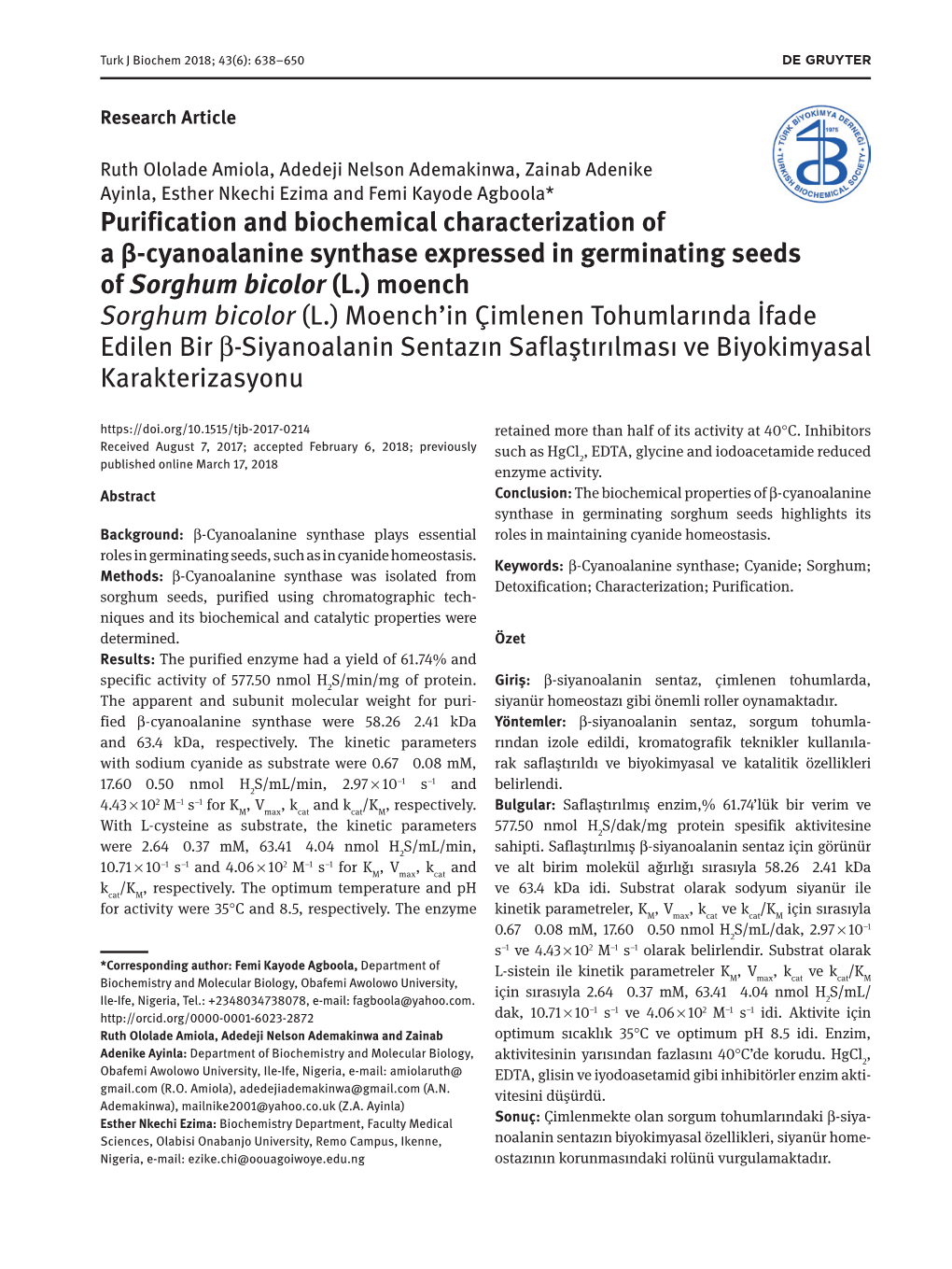 Purification and Biochemical Characterization of a Β