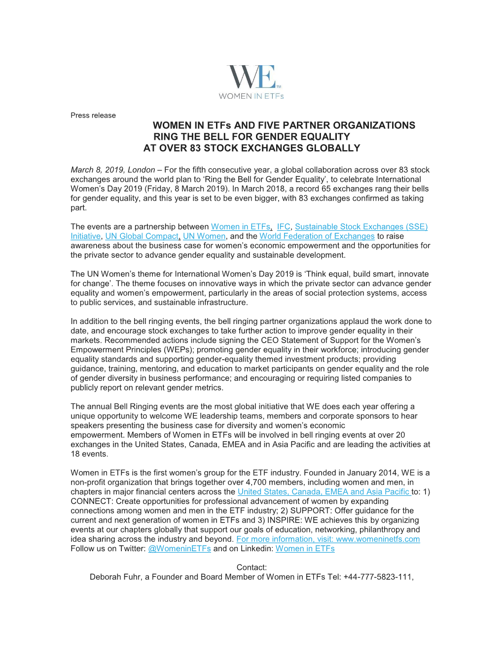 WOMEN in Etfs and FIVE PARTNER ORGANIZATIONS RING the BELL for GENDER EQUALITY at OVER 83 STOCK EXCHANGES GLOBALLY