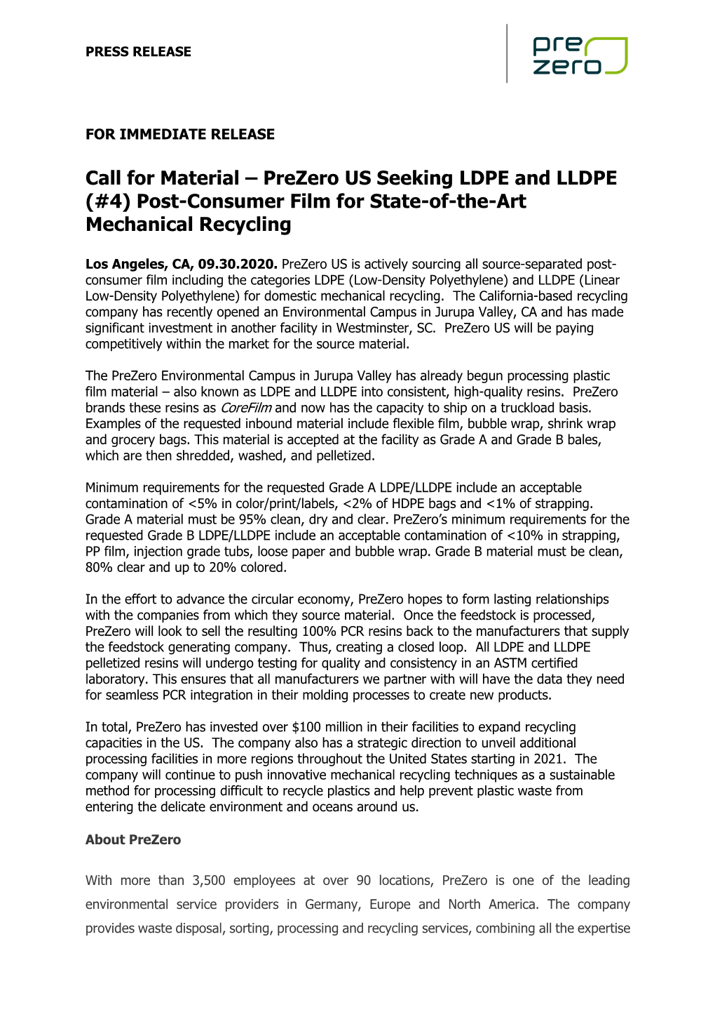 Call for Material – Prezero US Seeking LDPE and LLDPE (#4) Post-Consumer Film for State-Of-The-Art Mechanical Recycling