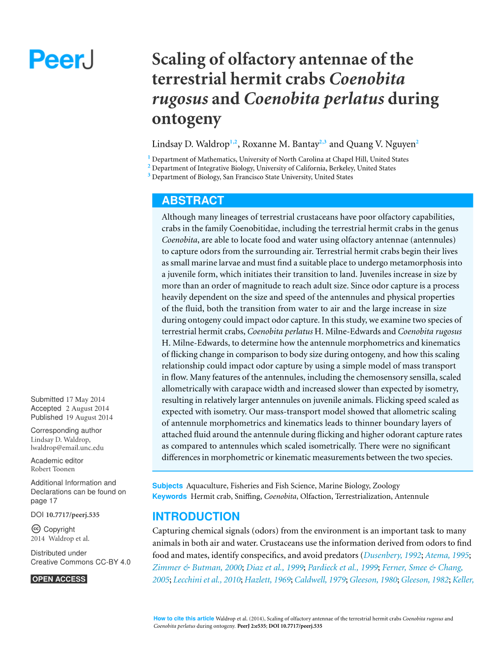 Scaling of Olfactory Antennae of the Terrestrial Hermit Crabs Coenobita Rugosus and Coenobita Perlatus During Ontogeny