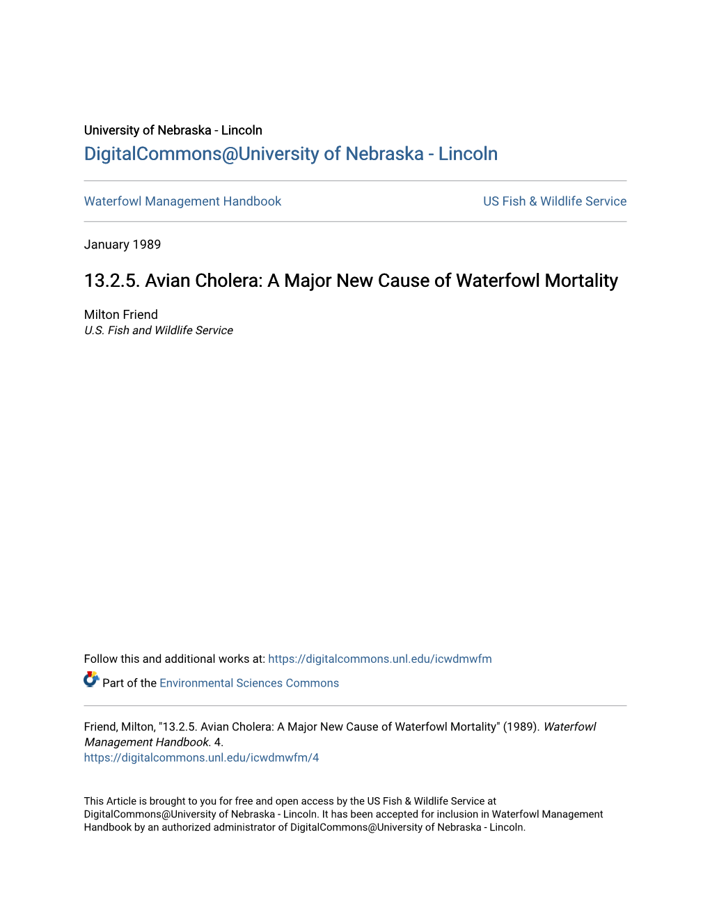 13.2.5. Avian Cholera: a Major New Cause of Waterfowl Mortality
