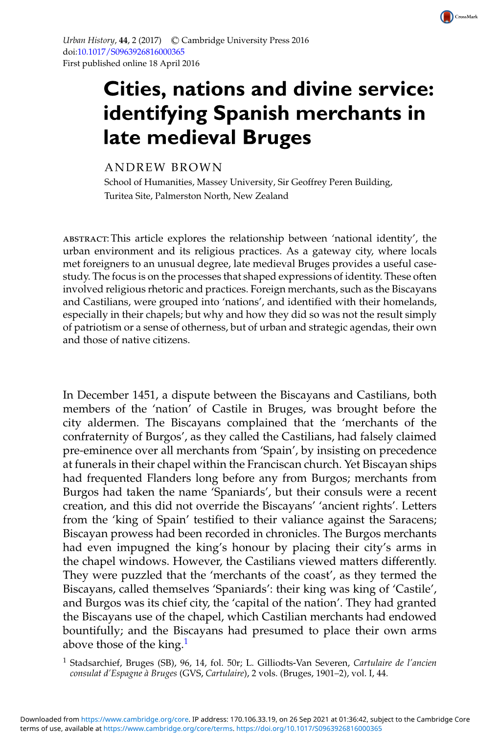 Cities, Nations and Divine Service: Identifying Spanish Merchants in Late Medieval Bruges