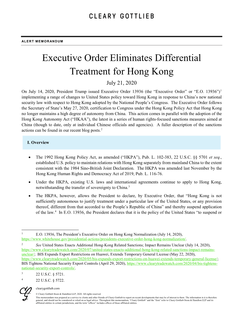 Executive Order Eliminates Differential Treatment for Hong Kong
