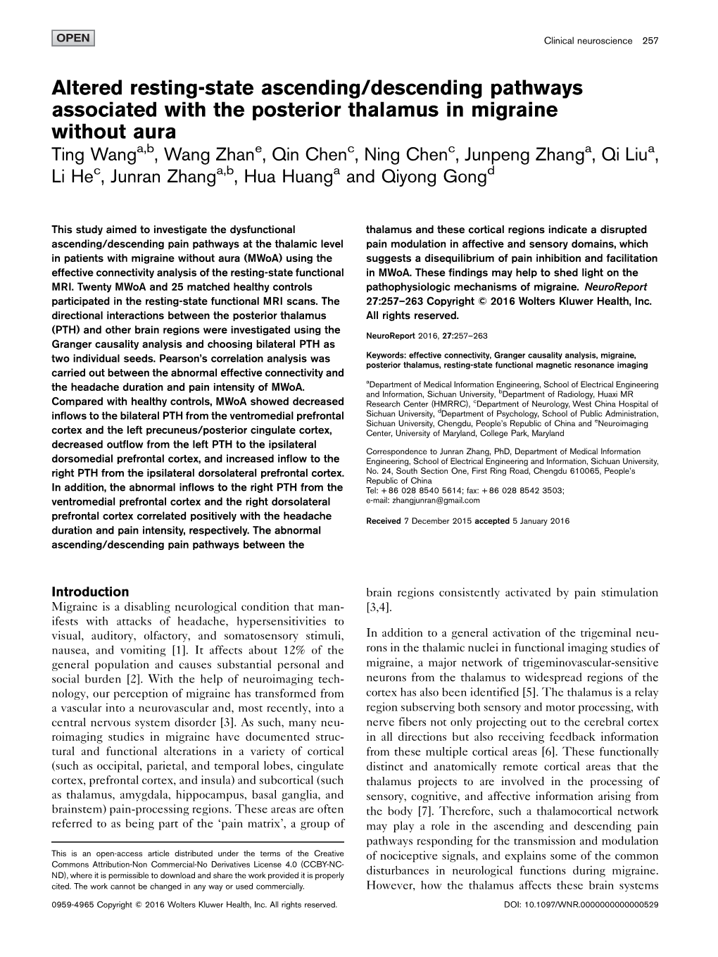 Altered Resting-State Ascending/Descending Pathways