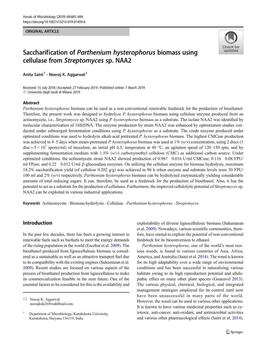 Saccharification of Parthenium Hysterophorus Biomass Using Cellulase from Streptomyces Sp