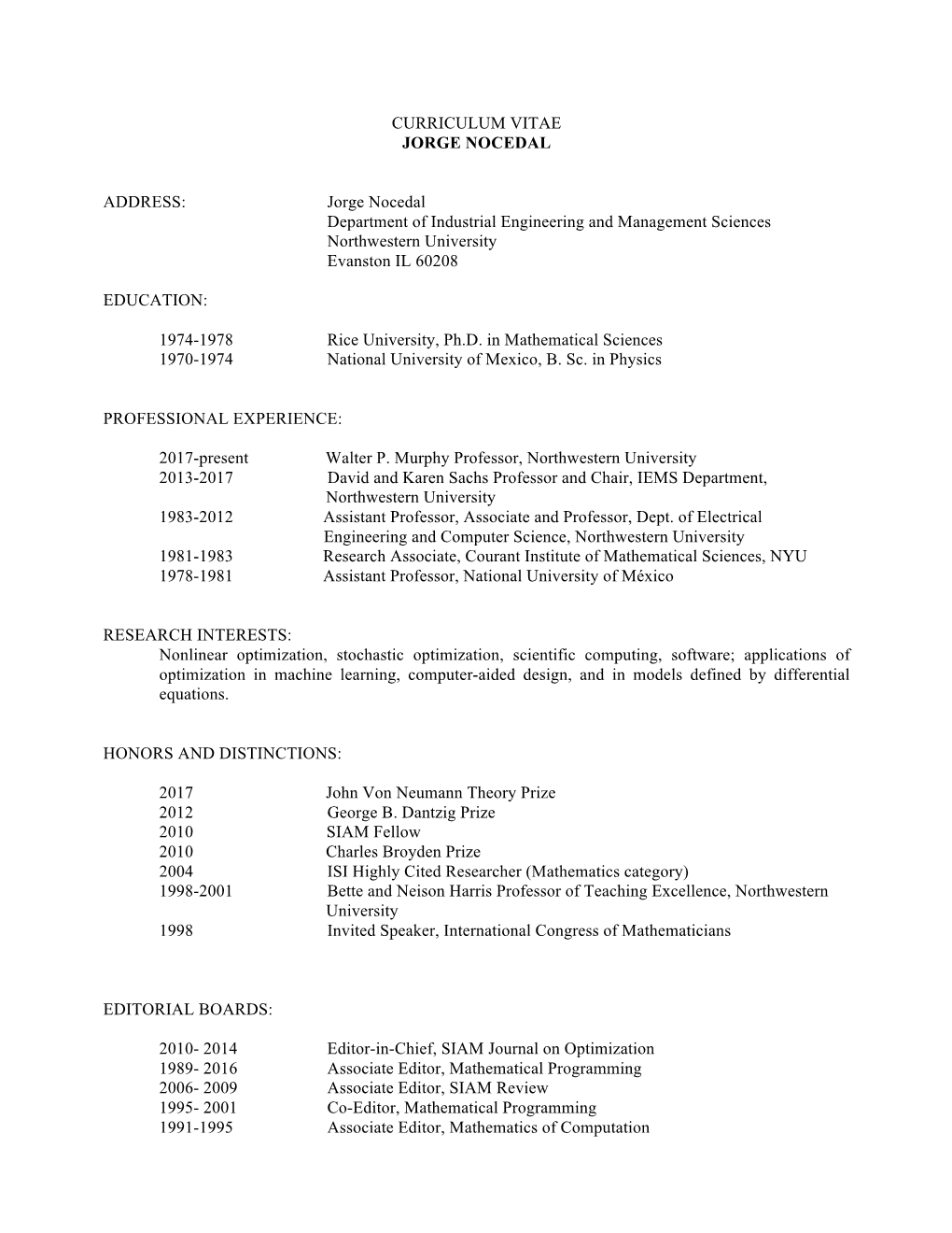 CURRICULUM VITAE JORGE NOCEDAL ADDRESS: Jorge