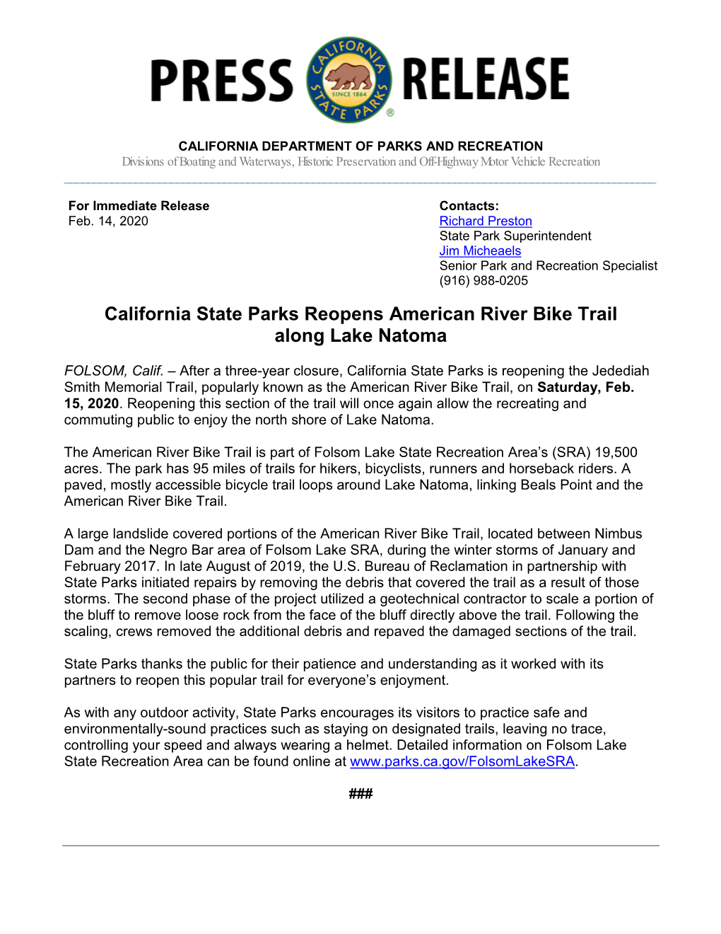 California State Parks Reopens American River Bike Trail Along Lake Natoma