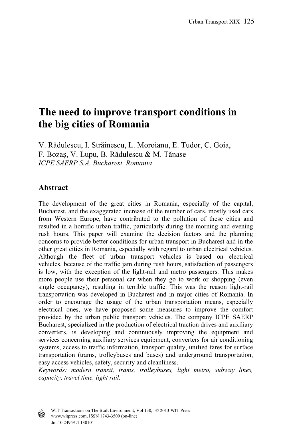 The Need to Improve Transport Conditions in the Big Cities of Romania