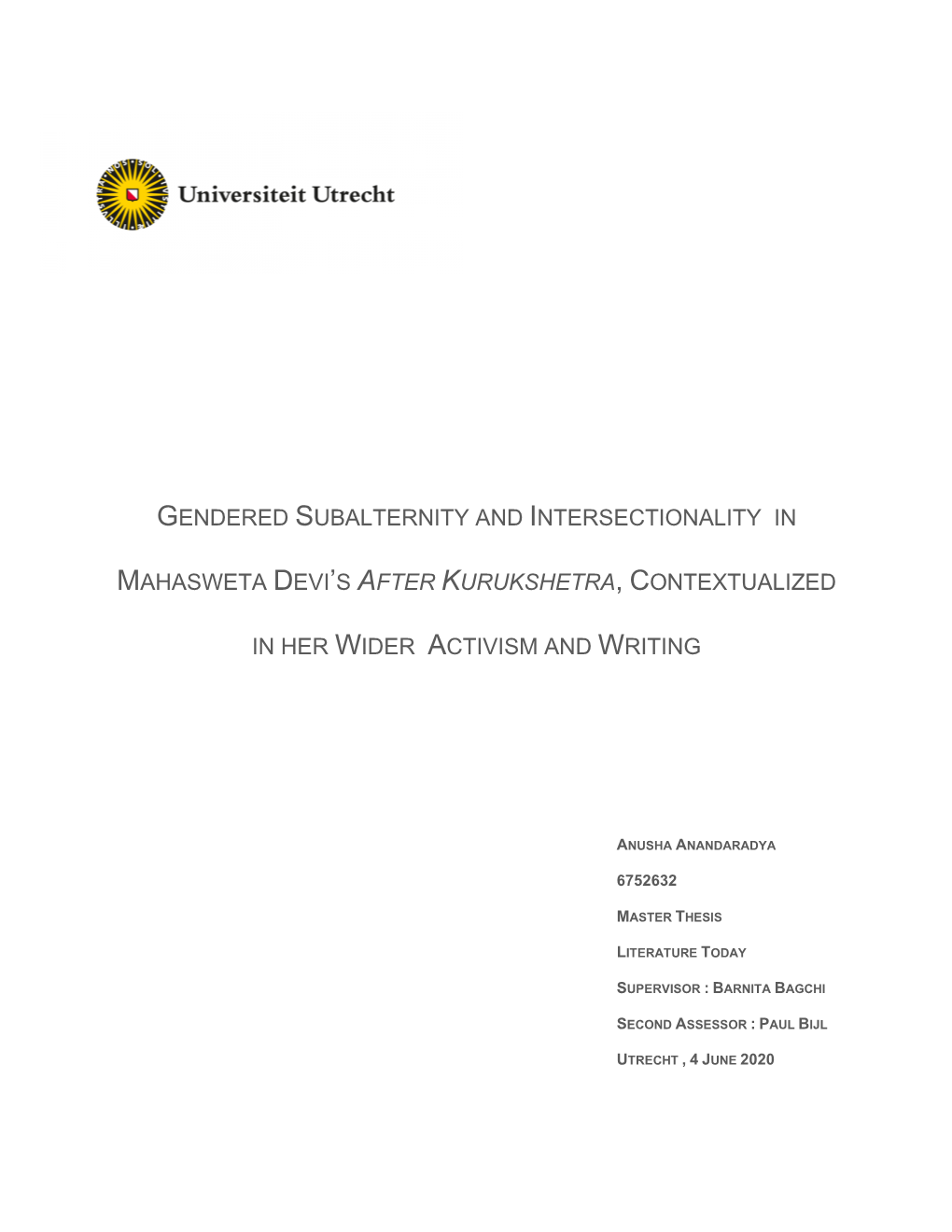Gendered Subalternity and Intersectionality in Mahasweta