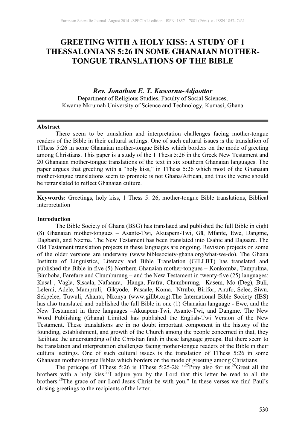 Greeting with a Holy Kiss: a Study of 1 Thessalonians 5:26 in Some Ghanaian Mother- Tongue Translations of the Bible