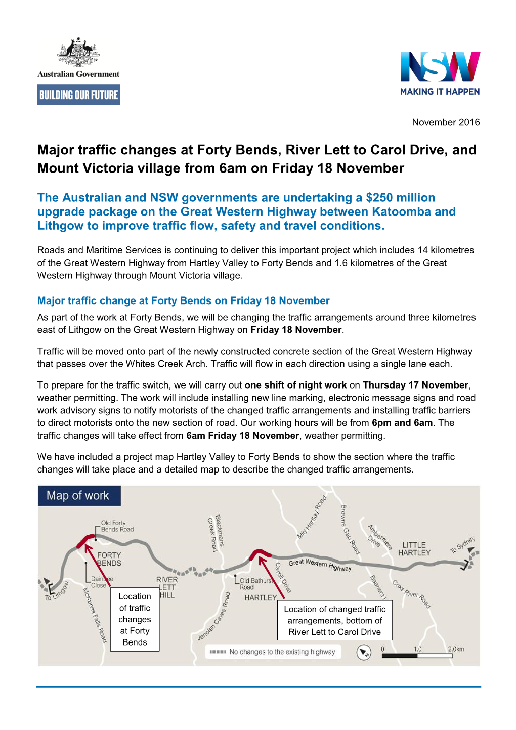 Major Traffic Changes at Forty Bends, River Lett to Carol Drive, and Mount Victoria Village from 6Am on Friday 18 November