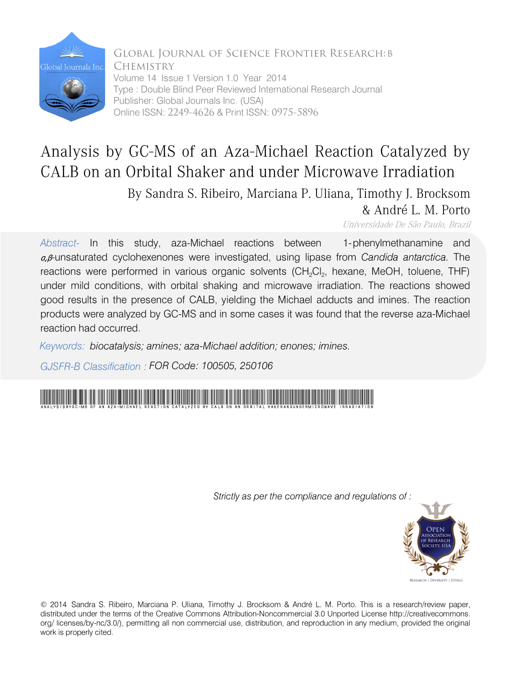 Analysis by GC-MS of an Aza-Michael Reaction Catalyzed by CALB on an Orbital Shaker and Under Microwave Irradiation by Sandra S