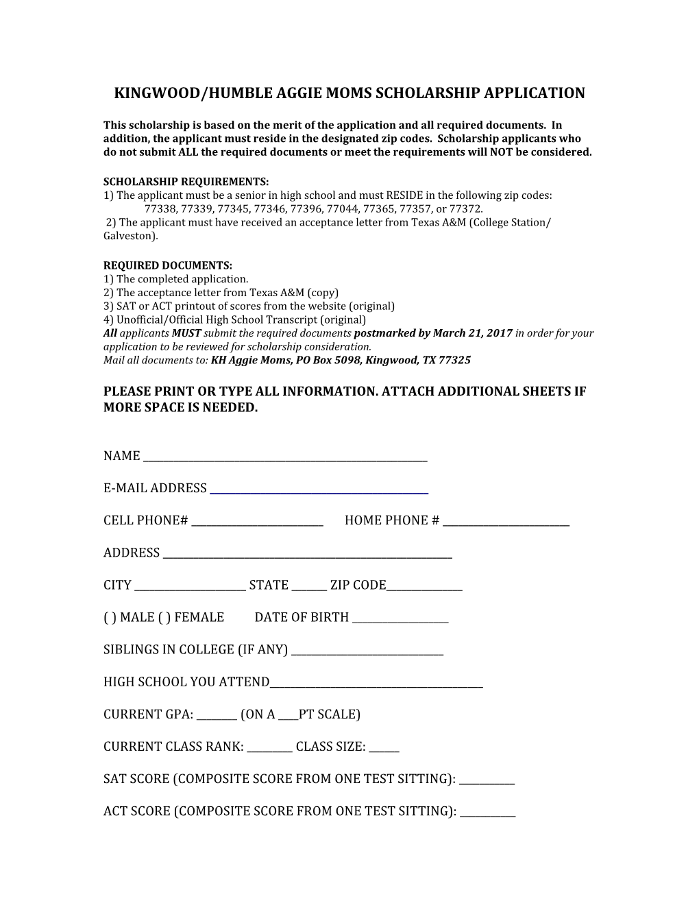 Kingwood/Humble Aggie Moms Scholarship Application