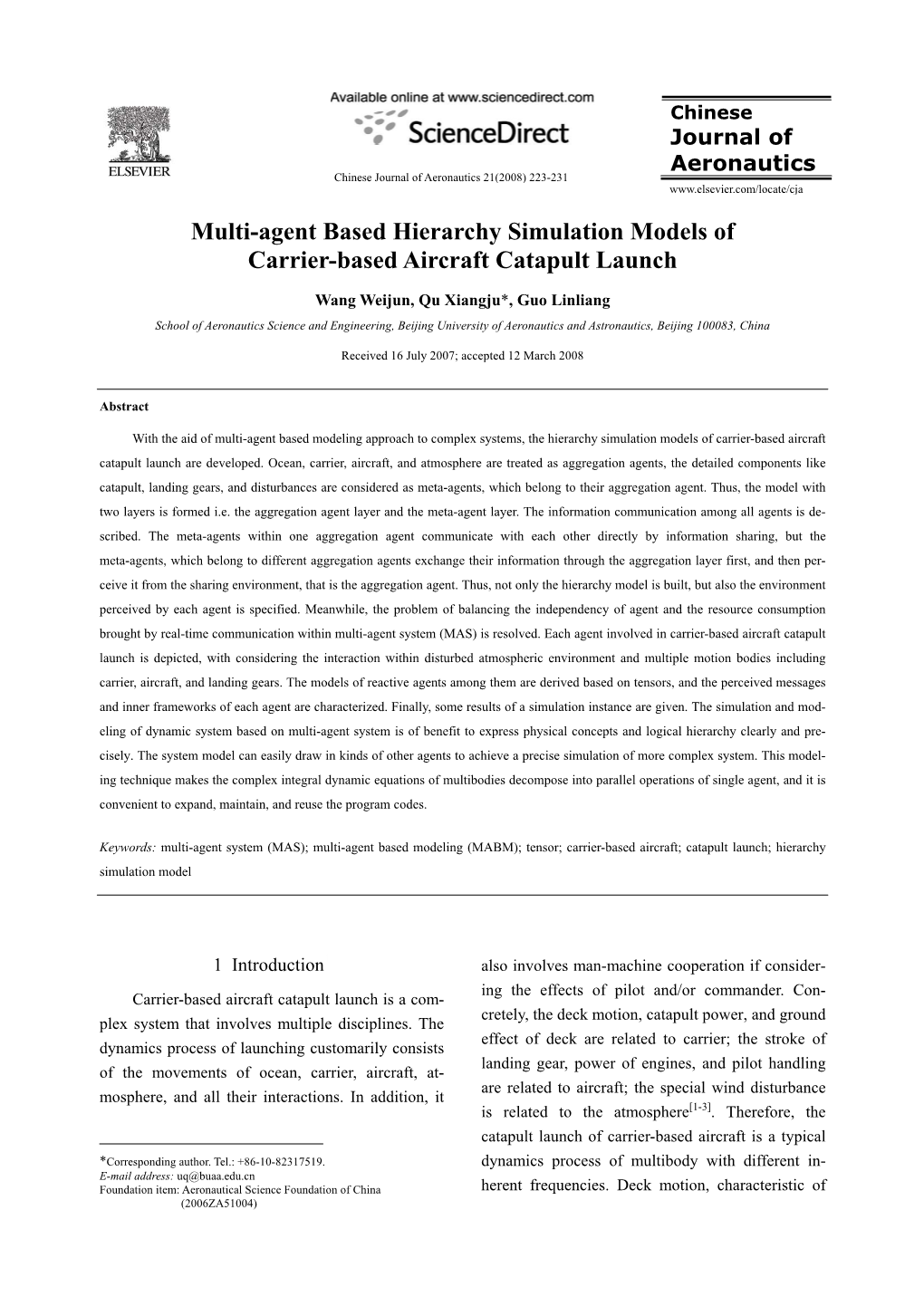 Multi-Agent Based Hierarchy Simulation Models of Carrier-Based Aircraft Catapult Launch