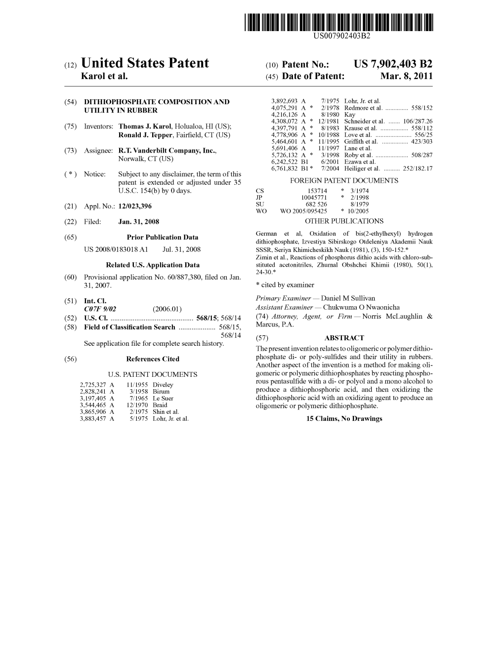 (12) United States Patent (10) Patent No.: US 7,902,403 B2 Karol Et Al