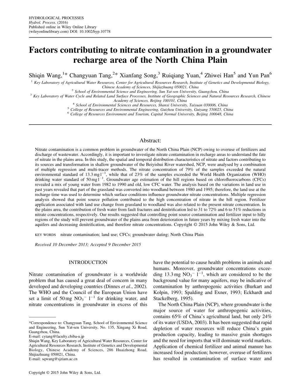 Factors Contributing to Nitrate Contamination in a Groundwater Recharge Area of the North China Plain