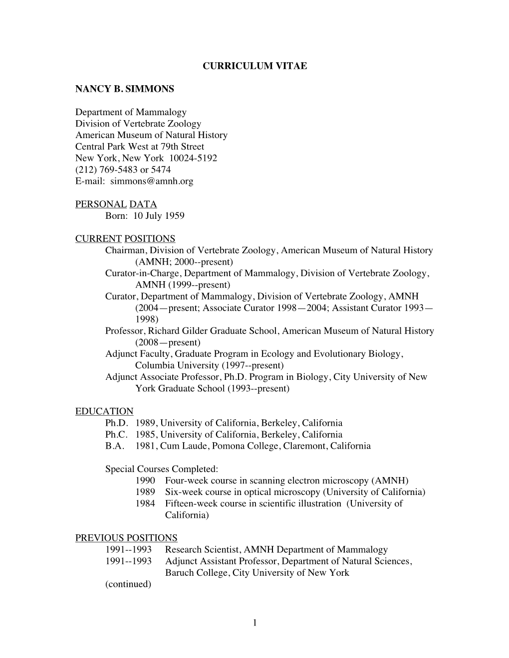 1 CURRICULUM VITAE NANCY B. SIMMONS Department Of