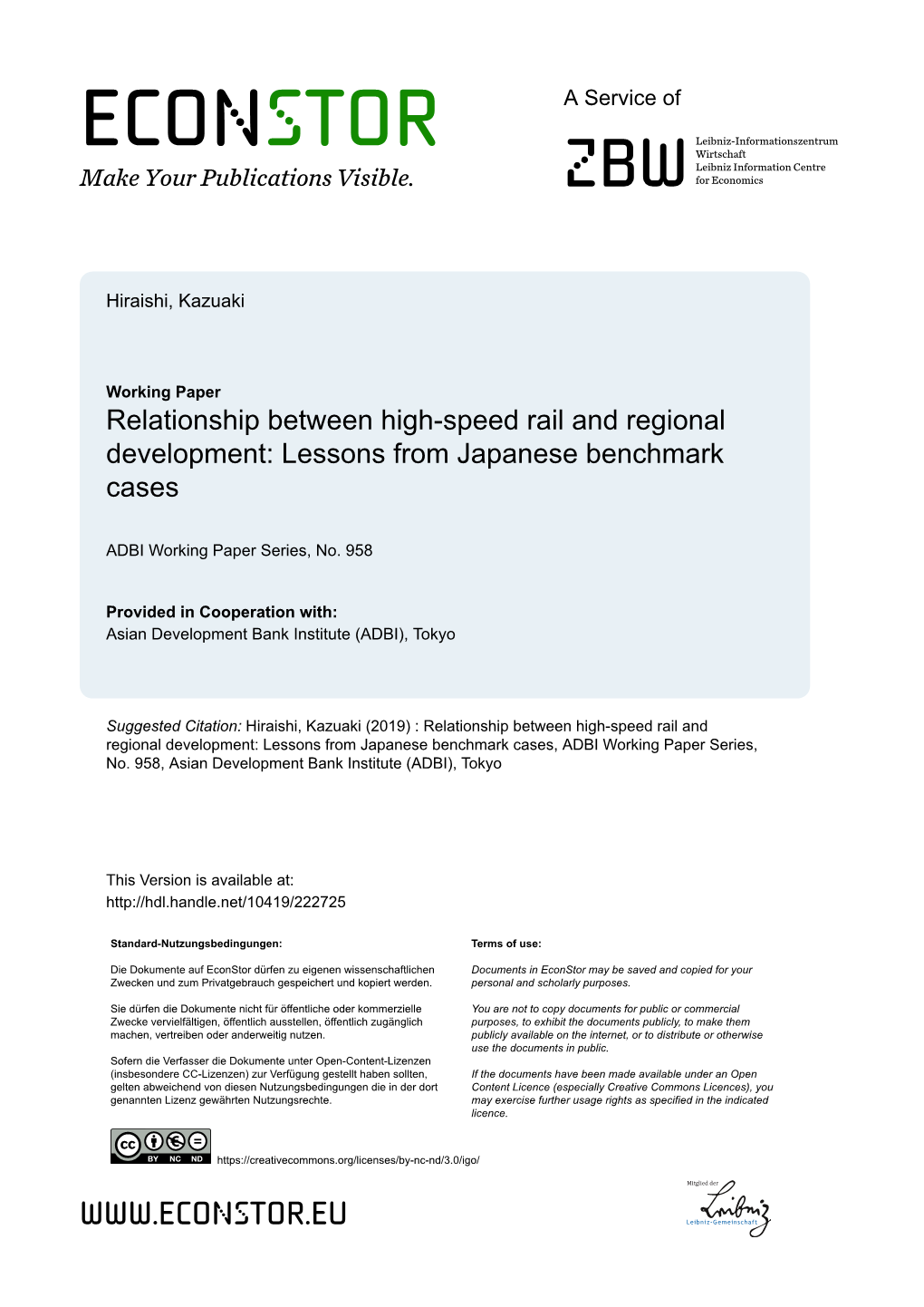 Relationship Between High-Speed Rail and Regional Development: Lessons from Japanese Benchmark Cases